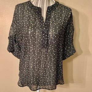 CAbi Sheer Blouse Small Black Short Sleeves White Polka Dots Pink Green Details